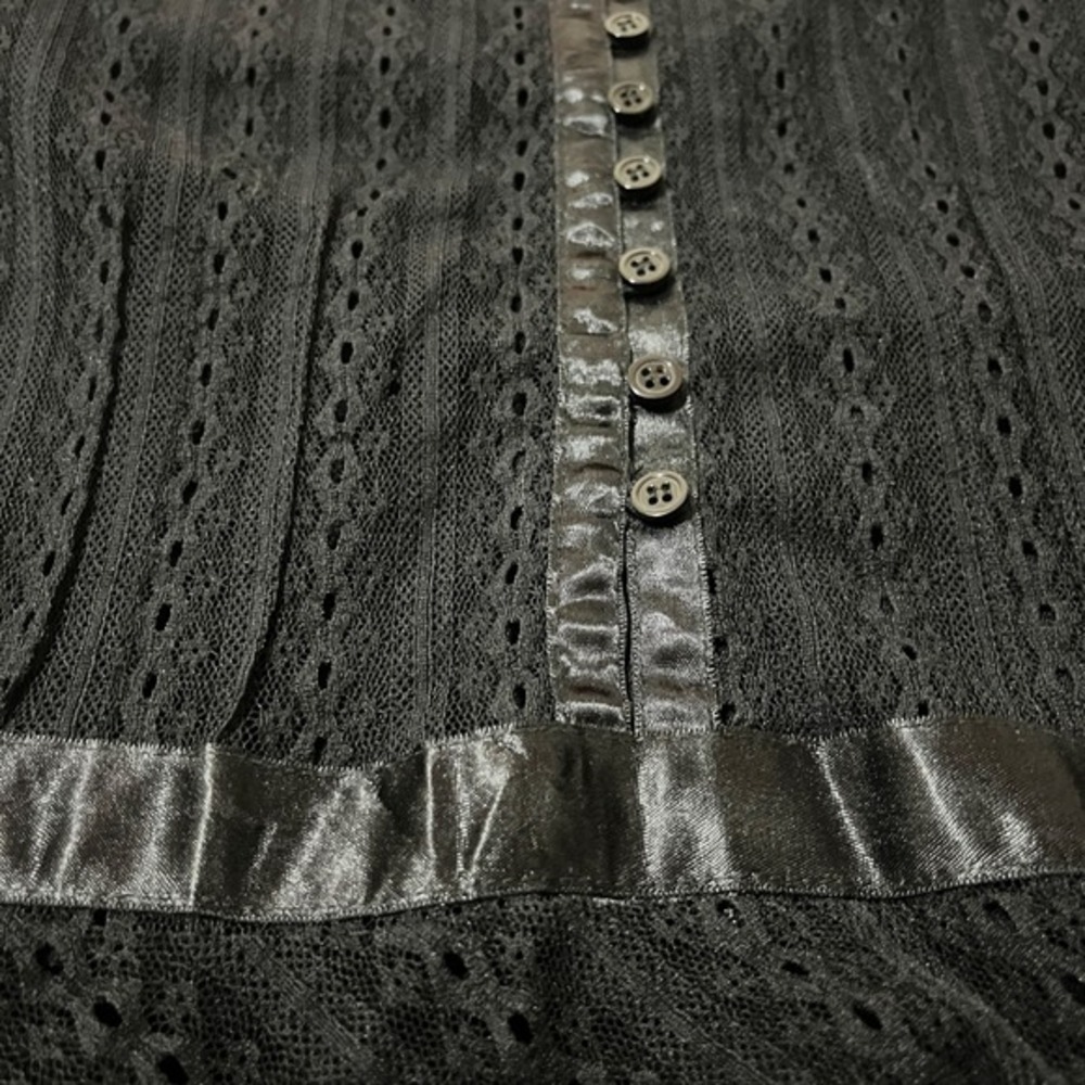 INC‎ Lace Peplum Top M Black Satin Trim Button Front Victorian Gothic Romantic